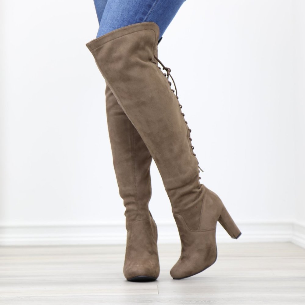 Taupe Suede Thigh High Boots Over The Knee Block High Heel With Lace Up Back - Picture 11 of 14